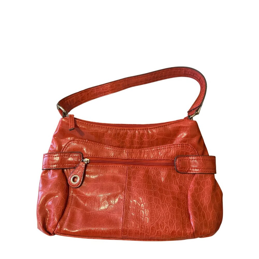 Bueno Red Faux Croc Leather Shoulder Bag With Zippered Pockets & Adjustable Stra